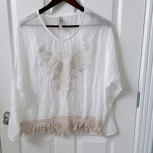 Entro sheer boho top with embroidery on front and fringe bottom